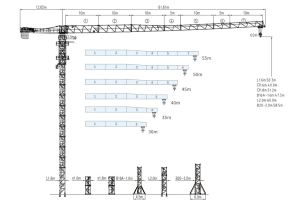 Башенный  кран  Dahan  QTZ125(6015) гп 10 тонн без оголовка, высота 180м, длина стрелы 60м, анкера, секция 1.6m*1.6m*2.8m, анкера. Фото 1