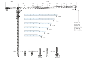 Башенный кран Dahan QTZ125(6015) без оголовка, гп 10т, высота под крюком 75,6м, длина стрелы 40м, гп на конце стрелы 3,2т, анкера. Фото 1