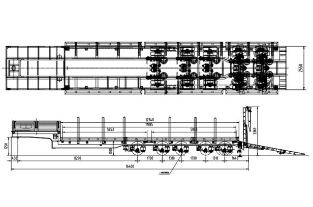 Полуприцеп-трал, модель:LYR9606TDPW, марка: AMUR, 16400*2550*3369мм, г/п 60т, 5 осей, ось BPW,  подъем первой оси, две последние поворотные, гидравлический трап. Фото 5